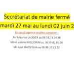 Secrétariat de mairie fermé du 27 mai au 02 juin 2025